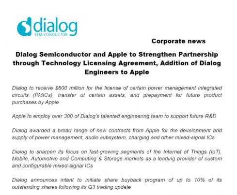 蘋果斥資6億美元,收購Dialog電源管理芯片部門