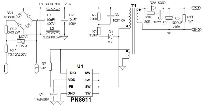 12V1A適配器方案典型應用圖